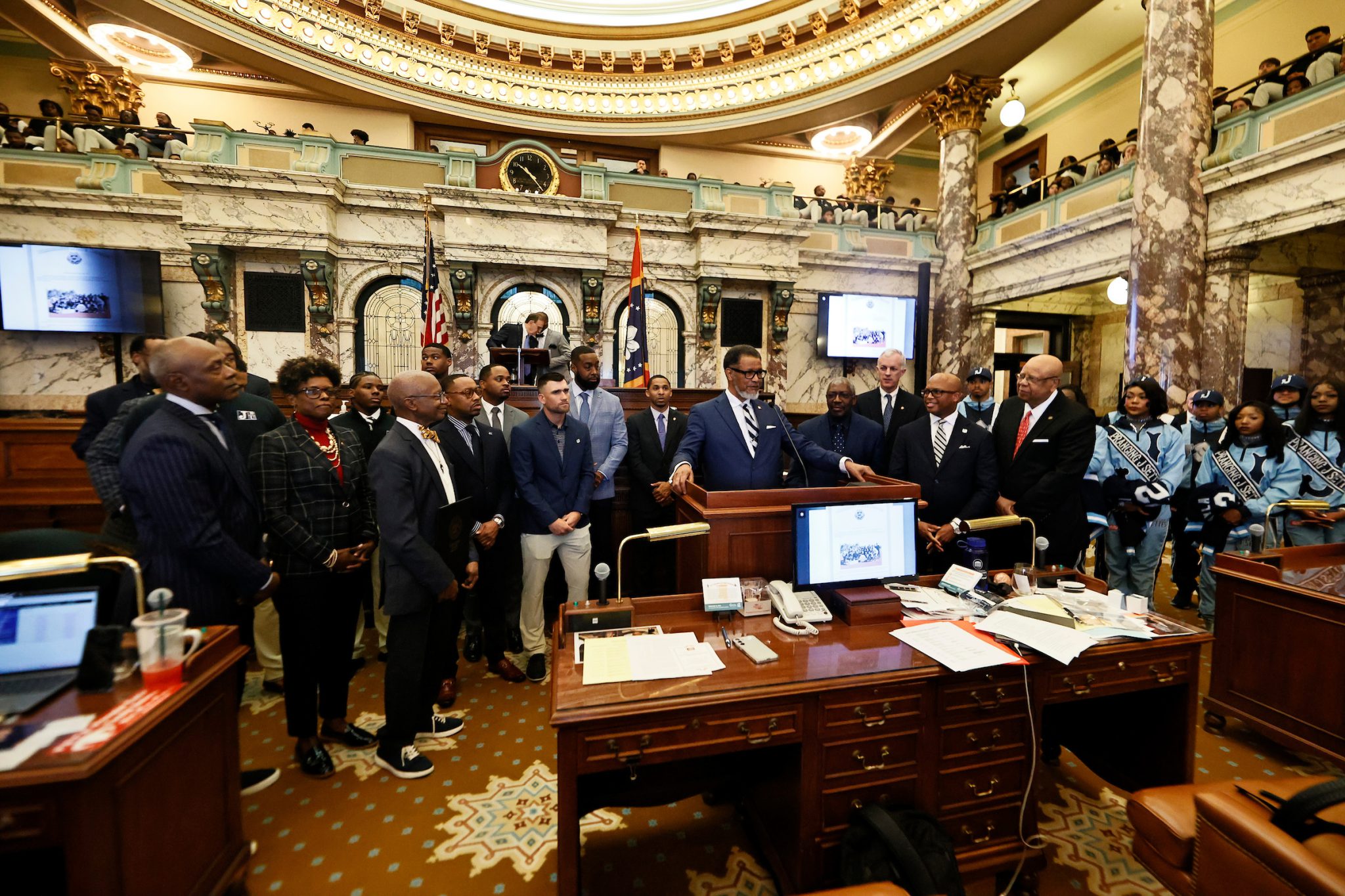 Sen. Sollie Norwood introduces representatives of his alma mater to his fellow senators.